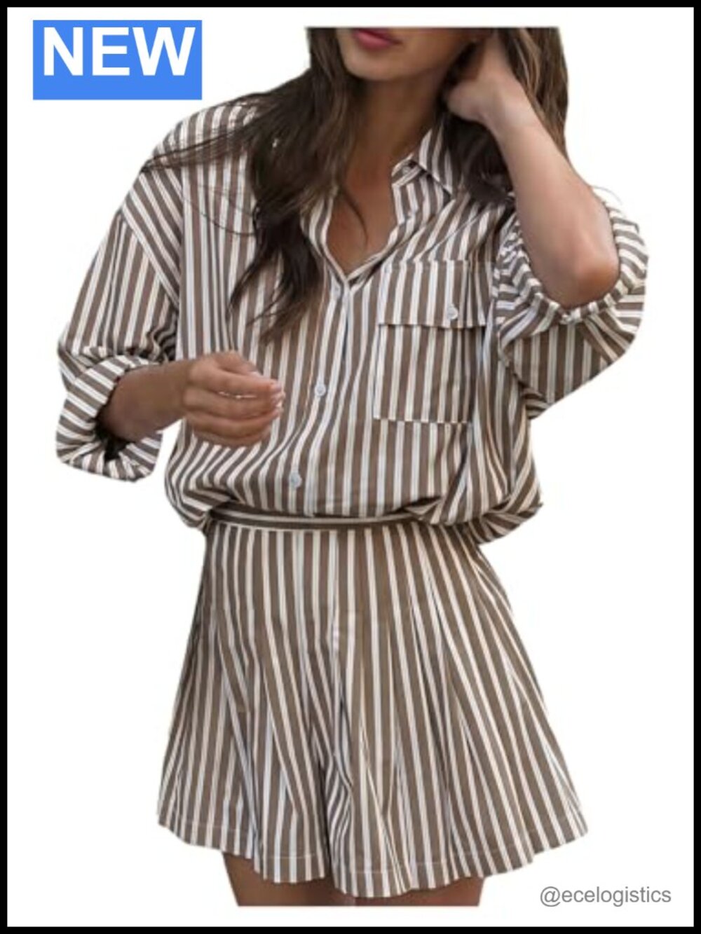 Striped 2 Piece Skirt Set Collared Long Sleeve Shirt Mini Pleated Skirt